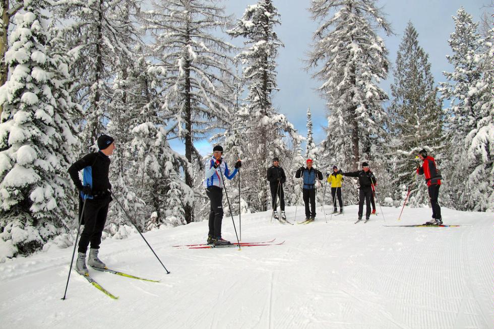 A ski class at Silver Star Mountain in Vernon, British Columbia.