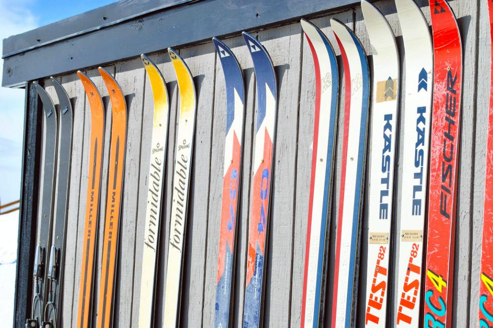 A line of skis in Jackson Hole, Wyoming